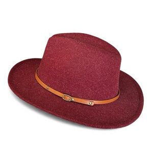 Classic Wide Brim Wool Fedora Hat Leather Belt Buckle 22-22.8” Red/Burgundy NWOT